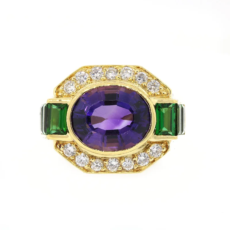 Shop Handcrafted Jewelry At Special Promotional Rates Lagos Amethyst, Tourmaline & Diamond Ring in 18k Gold Shop Handcrafted Jewelry At Special Promotional Rates Lagos Amethyst, Tourmaline & Diamond Ring in 18k Gold
