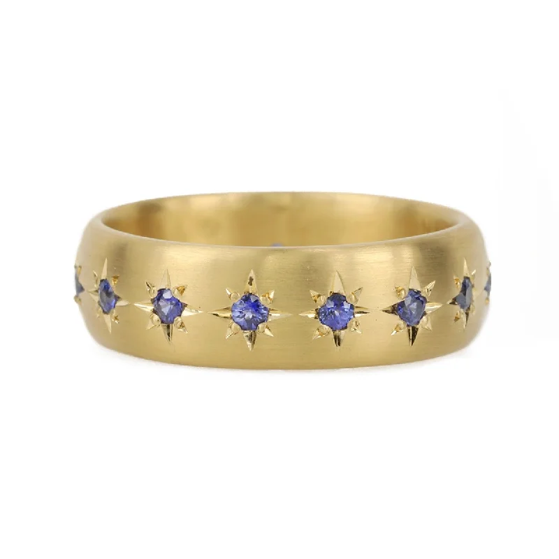 Luxury Handcrafted Jewelry For Elegant Looks 20K Gold Low Dome Wide Ring with 15 Star-Set Blue Sapphires Luxury Handcrafted Jewelry For Elegant Looks 20K Gold Low Dome Wide Ring with 15 Star-Set Blue Sapphires