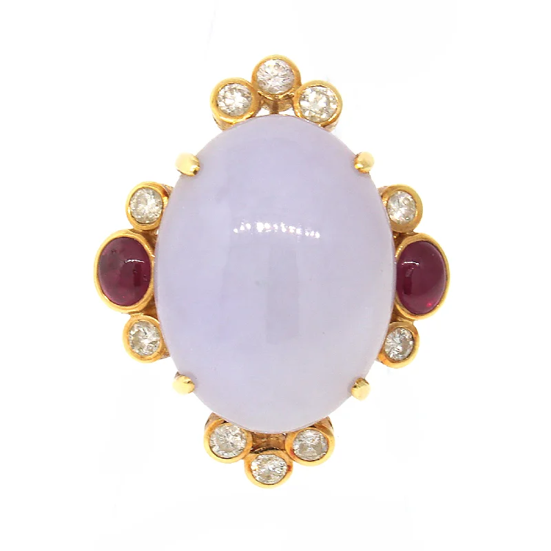 Dainty Floral Jewelry For Feminine Elegance Lavender Jade, Ruby & Diamond Ring in 14k Gold Dainty Floral Jewelry For Feminine Elegance Lavender Jade, Ruby & Diamond Ring in 14k Gold