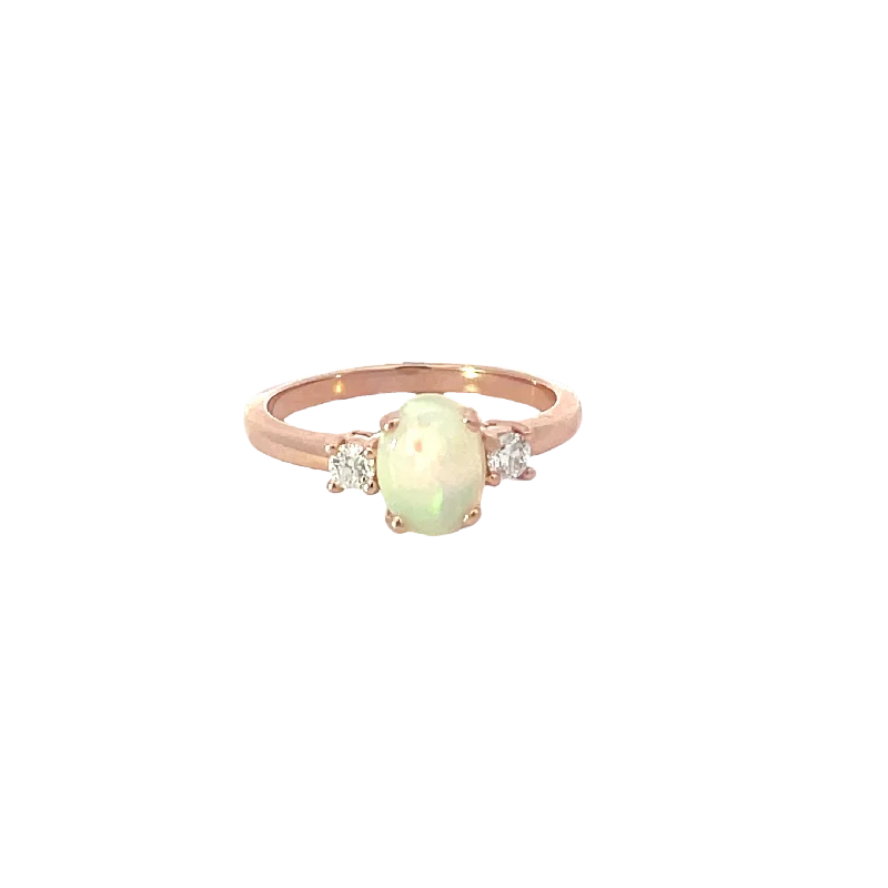 Discounted Jewelry For A Glamorous Look Rose Gold Diamond Opal Three Stone Ring