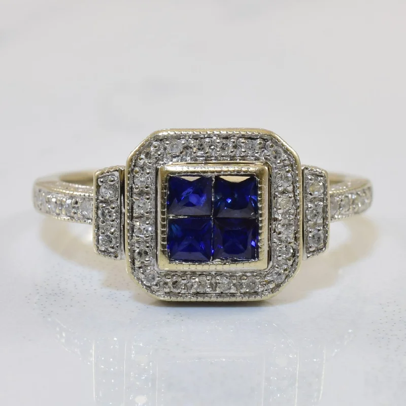 Affordable Luxury Jewelry For Every Occasion Quad Set Sapphire & Diamond Halo Ring | 0.48ctw, 0.18ctw | SZ 7.5 | Affordable Luxury Jewelry For Every Occasion Quad Set Sapphire & Diamond Halo Ring | 0.48ctw, 0.18ctw | SZ 7.5 |