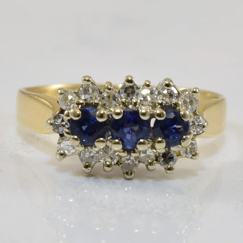 Shop Stylish Jewelry Now And Save Big Three Stone Sapphire & Diamond Halo Ring | 0.38ctw, 0.17ctw | SZ 5.75 | Shop Stylish Jewelry Now And Save Big Three Stone Sapphire & Diamond Halo Ring | 0.38ctw, 0.17ctw | SZ 5.75 |