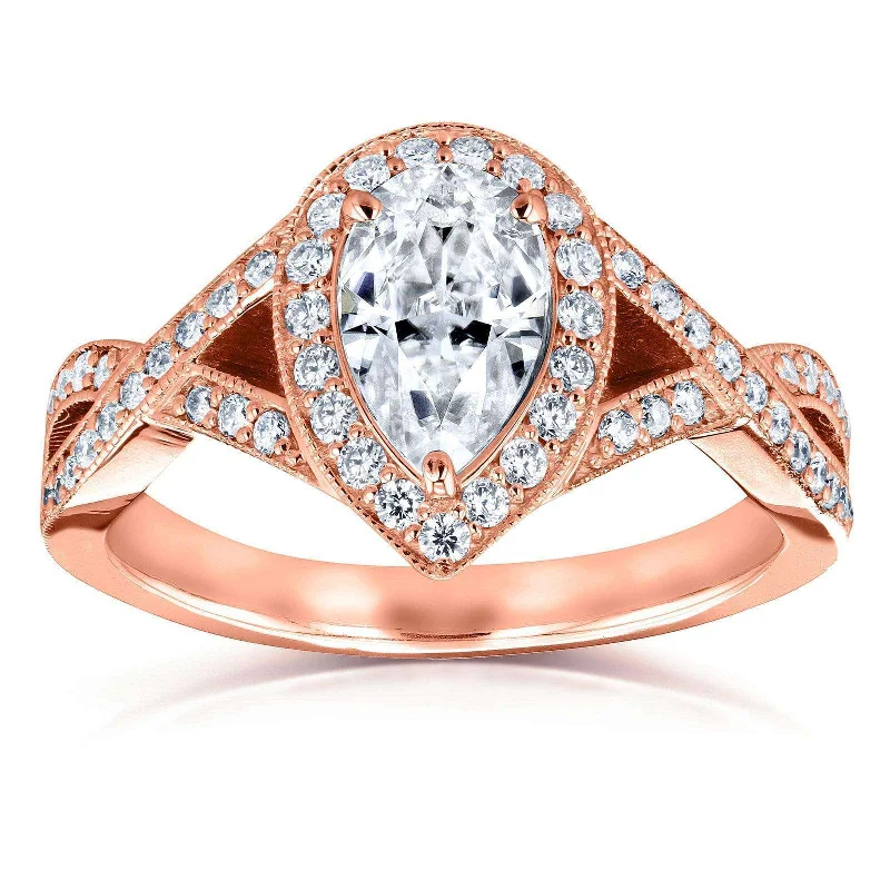 Huge Savings On Premium Jewelry Styles Pear Moissanite and Diamond Halo Crossover Engagement Ring 1 1/3 CTW 14k Rose Gold (DEF/VS, GH/I) Huge Savings On Premium Jewelry Styles Pear Moissanite and Diamond Halo Crossover Engagement Ring 1 1/3 CTW 14k Rose Gold (DEF/VS, GH/I)