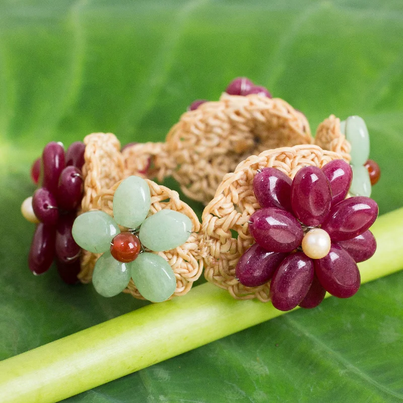 Classic And Modern Jewelry Styles On Sale Floral Garland in Berry Deep Pink and Green Quartz Crocheted Flower Bracelet Classic And Modern Jewelry Styles On Sale Floral Garland in Berry Deep Pink and Green Quartz Crocheted Flower Bracelet