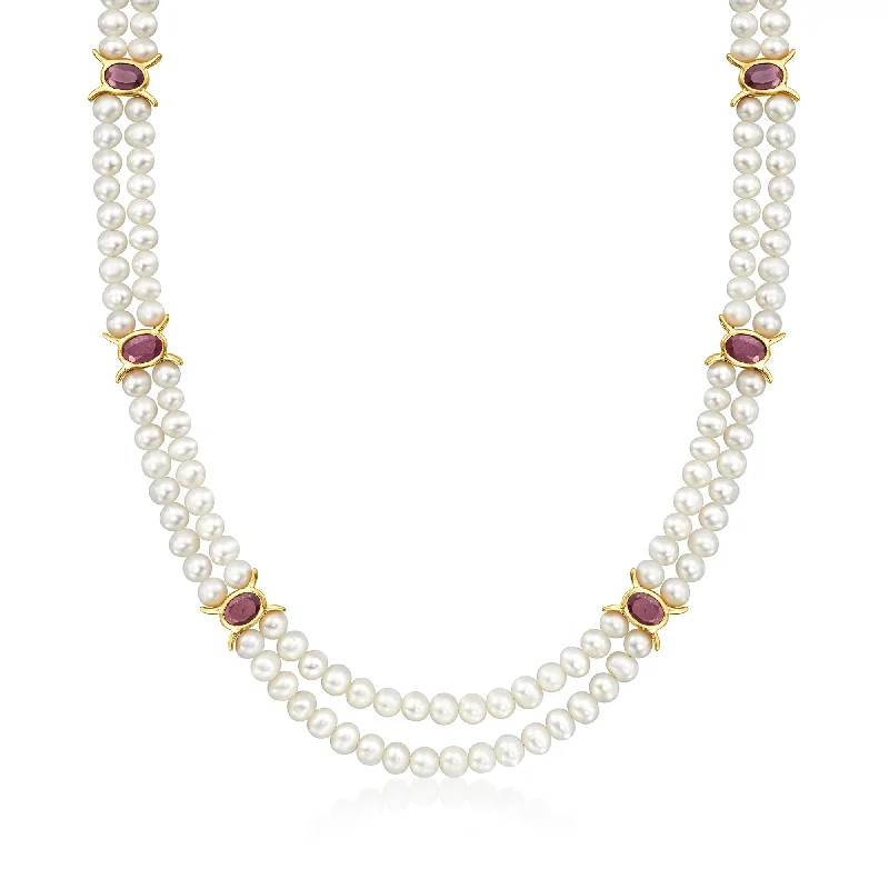 Get The Best Deals On Timeless Jewelry Pieces Ross-Simons 4.5-5.5mm Cultured Pearl and Ruby Station Necklace in 18kt Gold Over Sterling Get The Best Deals On Timeless Jewelry Pieces Ross-Simons 4.5-5.5mm Cultured Pearl and Ruby Station Necklace in 18kt Gold Over Sterling