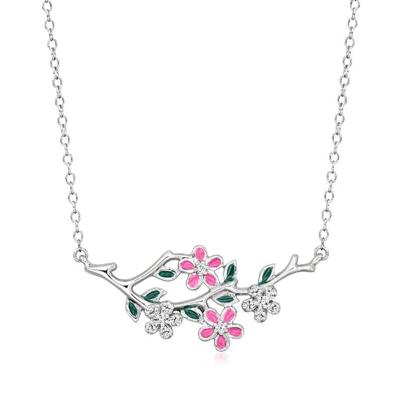 Get The Sparkle You Love At Prices You Adore Ross-Simons Diamond Floral Branch Necklace With Pink and Green Enamel in Sterling Silver Get The Sparkle You Love At Prices You Adore Ross-Simons Diamond Floral Branch Necklace With Pink and Green Enamel in Sterling Silver