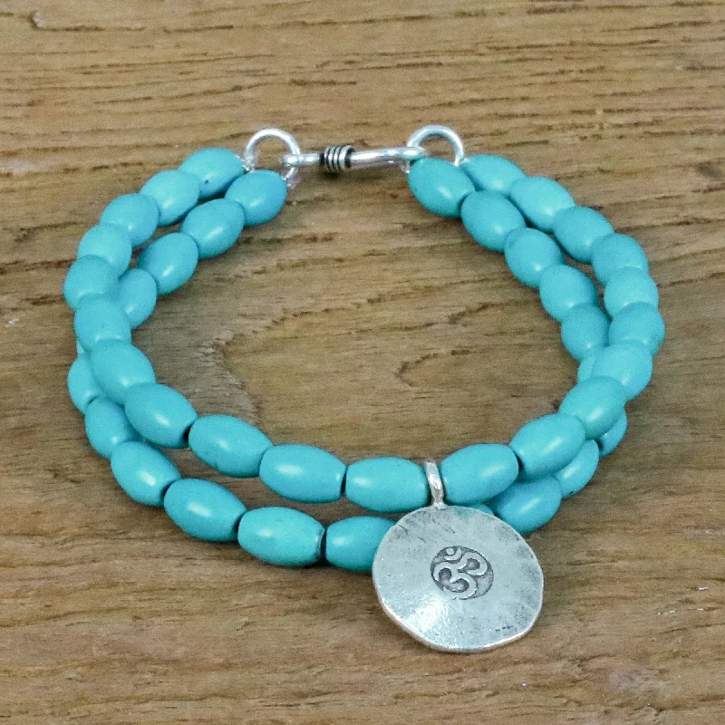 Buy More, Save More – Special Jewelry Discounts Sky Blue Om Relaxation Calcite and Karen Silver Om Beaded Bracelet from Thailand