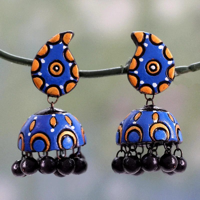 Discounted Jewelry For A Glamorous Look Blue Paisley Handmade Ceramic Dangle Earrings in Blue and Orange Discounted Jewelry For A Glamorous Look Blue Paisley Handmade Ceramic Dangle Earrings in Blue and Orange