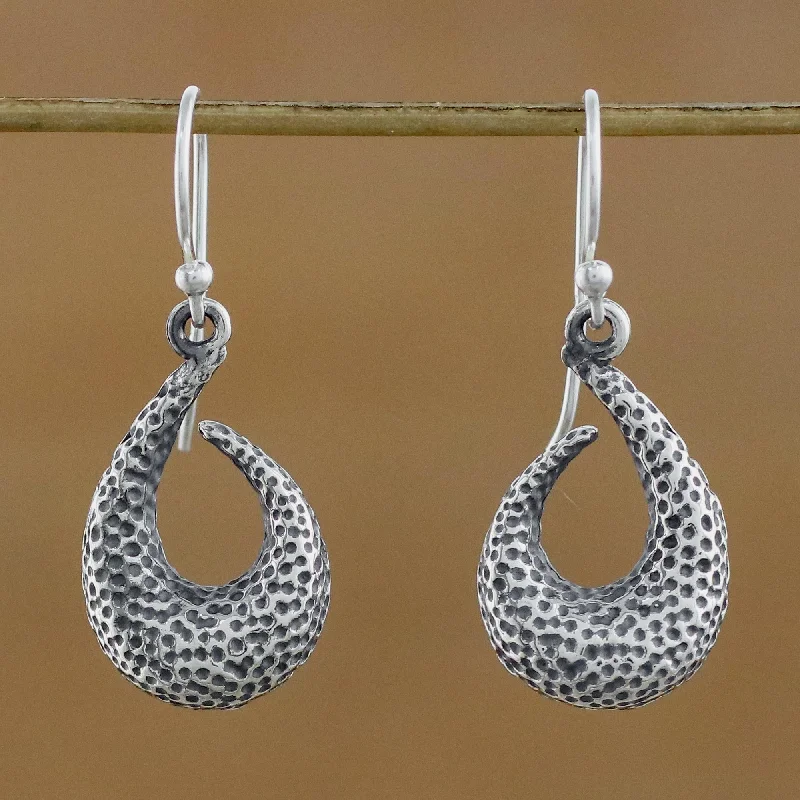Trendy Minimalist Jewelry For Everyday Wear Coral Hooks Textured Sterling Silver Dangle Earrings from Guatemala Trendy Minimalist Jewelry For Everyday Wear Coral Hooks Textured Sterling Silver Dangle Earrings from Guatemala