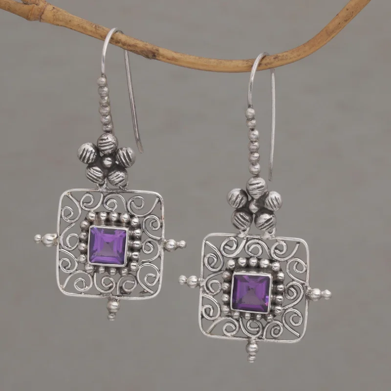 Personalized Jewelry At Special Discount Rates Floral Squares Floral Amethyst and Silver Dangle Earrings from Bali Personalized Jewelry At Special Discount Rates Floral Squares Floral Amethyst and Silver Dangle Earrings from Bali