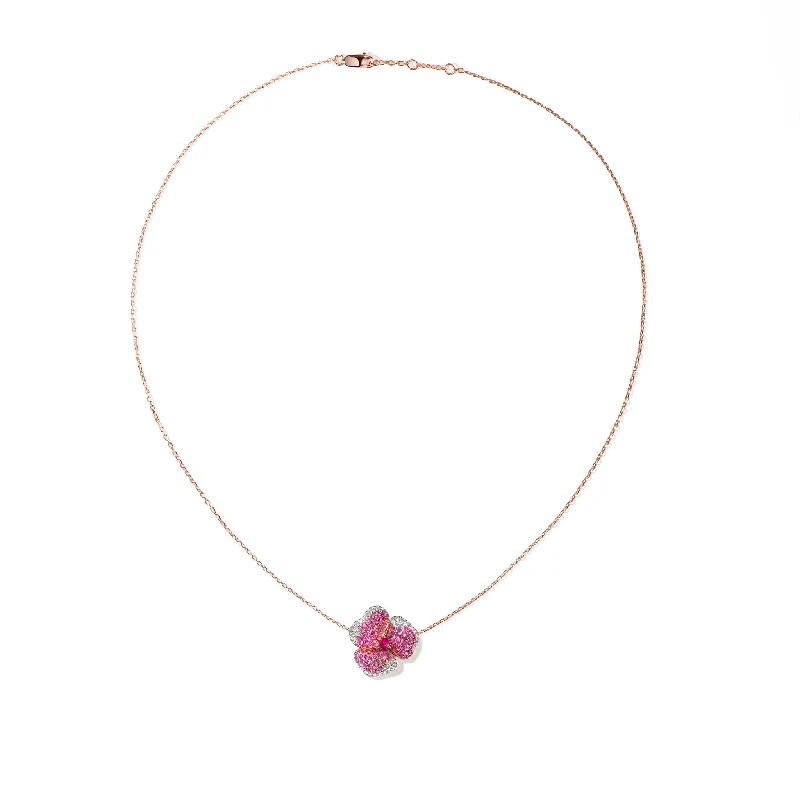 Discounted Jewelry For A Glamorous Look Bloom Small Flower Dark Pink Sapphire Necklace in Rose Gold Discounted Jewelry For A Glamorous Look Bloom Small Flower Dark Pink Sapphire Necklace in Rose Gold