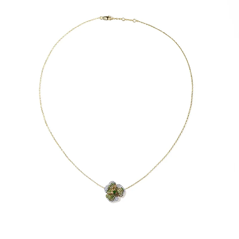 Jewelry Sale Bonanza – Grab Your Sparkle Now Bloom Small Flower Green Diamonds Necklace in Yellow Gold