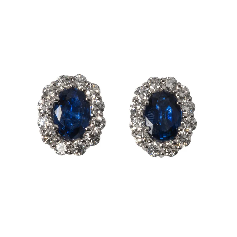 Trendy Minimalist Jewelry For Everyday Wear Oval Sapphire & Diamond Halo 18K White Gold Stud Earrings Trendy Minimalist Jewelry For Everyday Wear Oval Sapphire & Diamond Halo 18K White Gold Stud Earrings