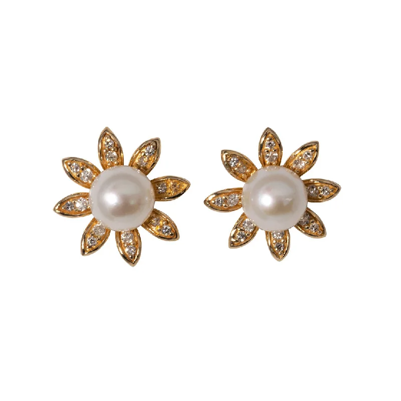 Customized Silver Jewelry For Unique Style Pearl & Diamond 14K Yellow Gold Flower Stud Earrings Customized Silver Jewelry For Unique Style Pearl & Diamond 14K Yellow Gold Flower Stud Earrings