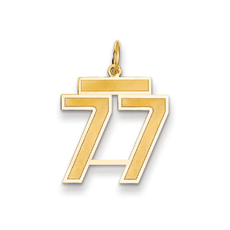 Modern Statement Jewelry For Bold Styling 14k Yellow Gold, Jersey Collection, Medium Number 77 Pendant Modern Statement Jewelry For Bold Styling 14k Yellow Gold, Jersey Collection, Medium Number 77 Pendant