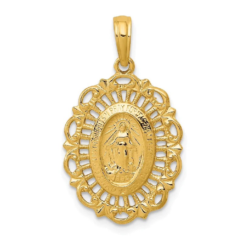 Jewelry Clearance Event – Stock Up Before It's Over 14k Yellow Gold, Oval Filigree Miraculous Medal Pendant, 15 x 25mm Jewelry Clearance Event – Stock Up Before It's Over 14k Yellow Gold, Oval Filigree Miraculous Medal Pendant, 15 x 25mm