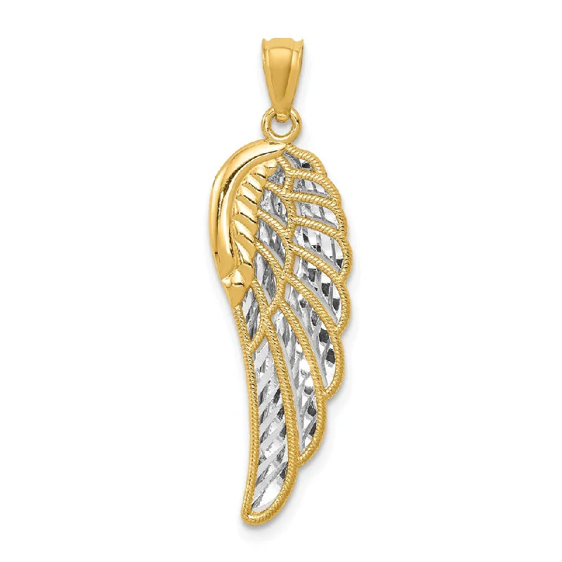 Shop Elegant Jewelry At Unbeatable Prices 14k Yellow Gold & Rhodium 2D Diamond-Cut Angel Wing Pendant, 10 x 33mm Shop Elegant Jewelry At Unbeatable Prices 14k Yellow Gold & Rhodium 2D Diamond-Cut Angel Wing Pendant, 10 x 33mm