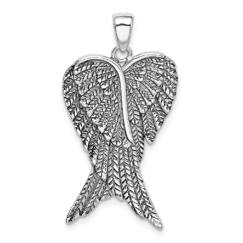 Dainty Floral Jewelry For Feminine Elegance Rhodium Plated Sterling Silver Antiqued Angel Wings Pendant, 18 x 32mm
