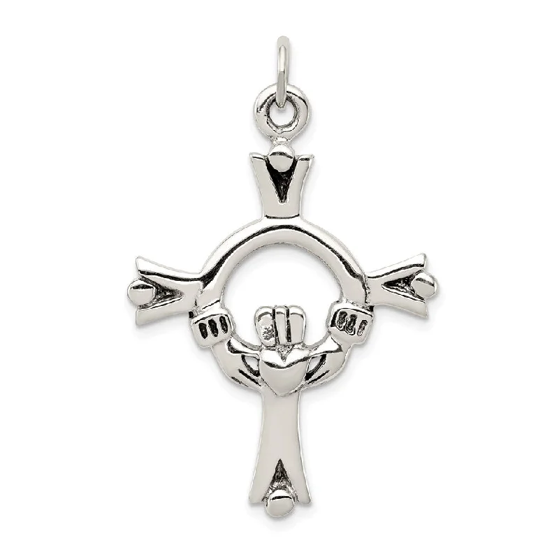 Sparkle On A Budget – Fine Jewelry For Less Sterling Silver Solid Antiqued Claddagh Cross Pendant, 25 x 42mm Sparkle On A Budget – Fine Jewelry For Less Sterling Silver Solid Antiqued Claddagh Cross Pendant, 25 x 42mm