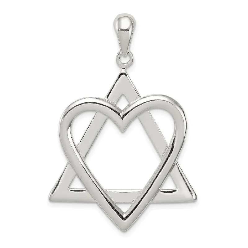 Special Deals On Handcrafted And Designer Jewelry Sterling Silver Star Of David Heart Pendant, 28 x 42mm