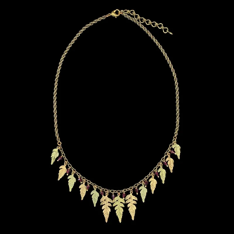 Bohemian-Inspired Jewelry For Free-Spirited Fashion Fern Necklace - Multi Leaf with Garnets Bohemian-Inspired Jewelry For Free-Spirited Fashion Fern Necklace - Multi Leaf with Garnets