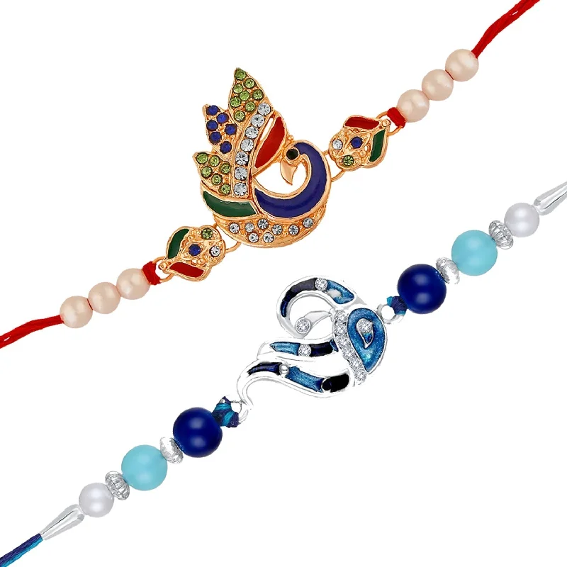 Luxury Jewelry Without The Luxury Price Tag Mahi Combo of 2 Charming Peacock Shaped Rakhis with Meenakari Work and Crystals for Brothers (RCO1105532M) Luxury Jewelry Without The Luxury Price Tag Mahi Combo of 2 Charming Peacock Shaped Rakhis with Meenakari Work and Crystals for Brothers (RCO1105532M)
