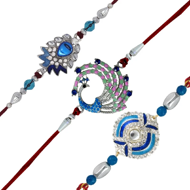 Dainty Floral Jewelry For Feminine Elegance Mahi Combo of 3 Rhodium Plated Blue Love Rakhis for Brothers (Bracelet) CO1104639R Dainty Floral Jewelry For Feminine Elegance Mahi Combo of 3 Rhodium Plated Blue Love Rakhis for Brothers (Bracelet) CO1104639R