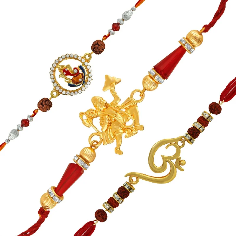 Fashion-Forward Geometric Jewelry For Contemporary Style Mahi Combo of 3 Spiritual Hanuman, Ganesha and Om Rakhi Combo with rudraksha and Crystal for Beloved Brother (Bracelet) RCO1104772G Fashion-Forward Geometric Jewelry For Contemporary Style Mahi Combo of 3 Spiritual Hanuman, Ganesha and Om Rakhi Combo with rudraksha and Crystal for Beloved Brother (Bracelet) RCO1104772G
